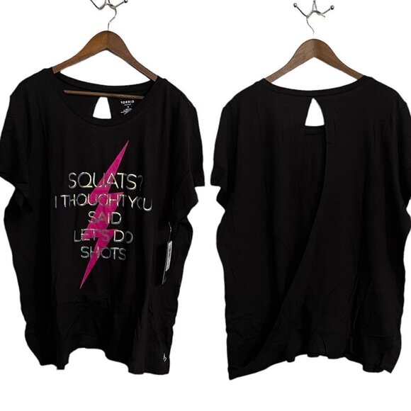 Torrid Womens NWT Black Squats I Thought You Said Do Shots Open Back Tee Size 3X - Picture 2 of 9